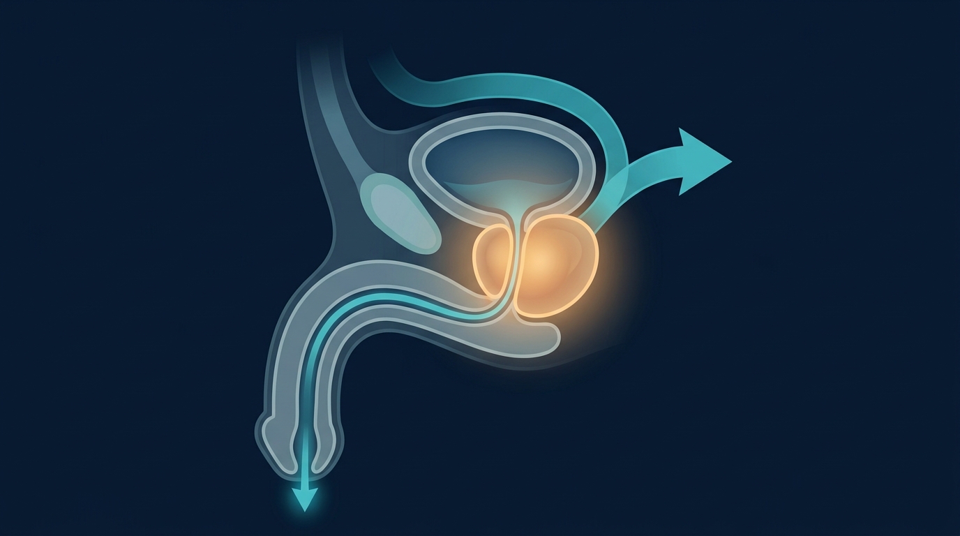Diagram showing an enlarged prostate pressing on the urethra and restricting urine flow in men over 50